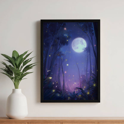 Magical Moonlit Fireflies Forest Poster, Enchanting Firefly Print, Tranquil Glow Bug Wall Art, Lantern Bug Art, Dreamy Room Decor, Unframed