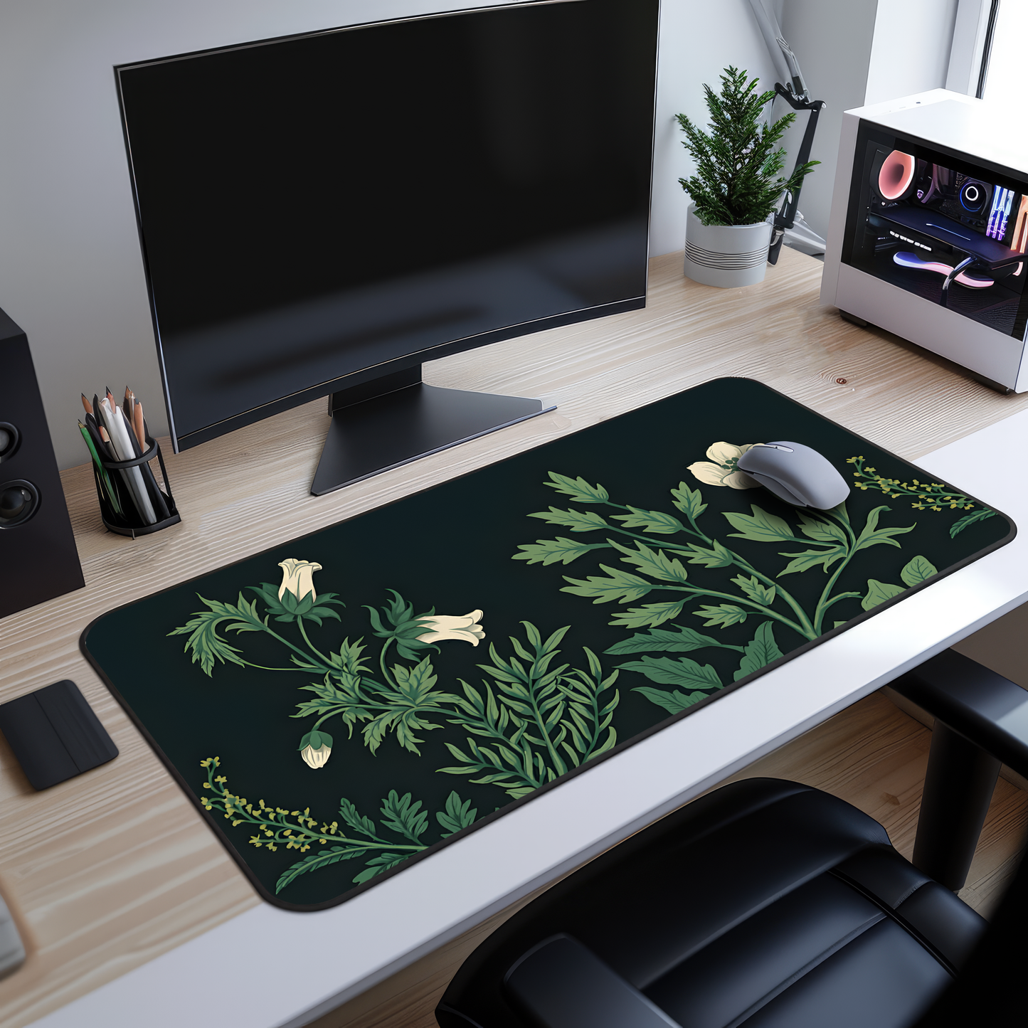 Vintage Sage Green Plants Desk Mat, Large Extended Gaming Mouse Pad, Dark Floral Mouse Pad, Home Office Decor