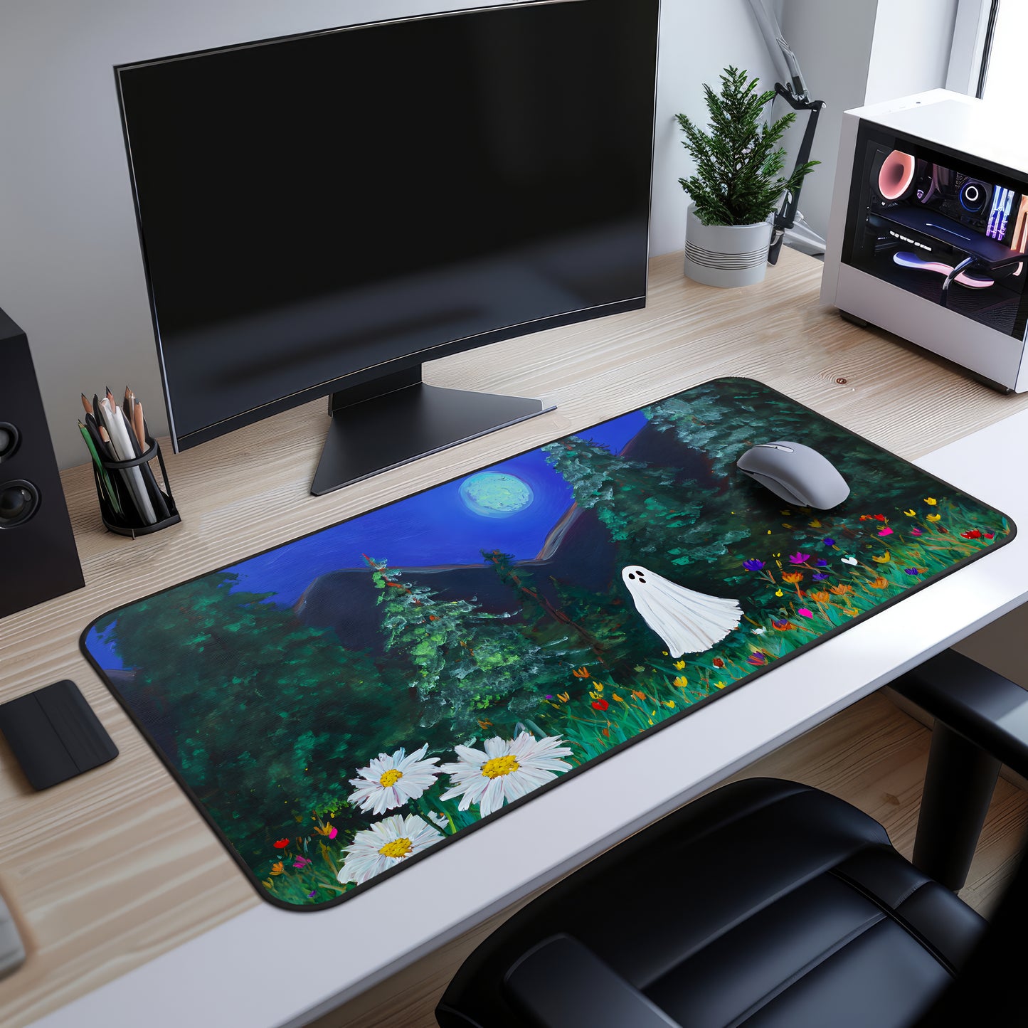 Haunted Ghost in Moonlit Forest Desk Mat, Large Extended Gaming Mouse Pad, Home Office Decor