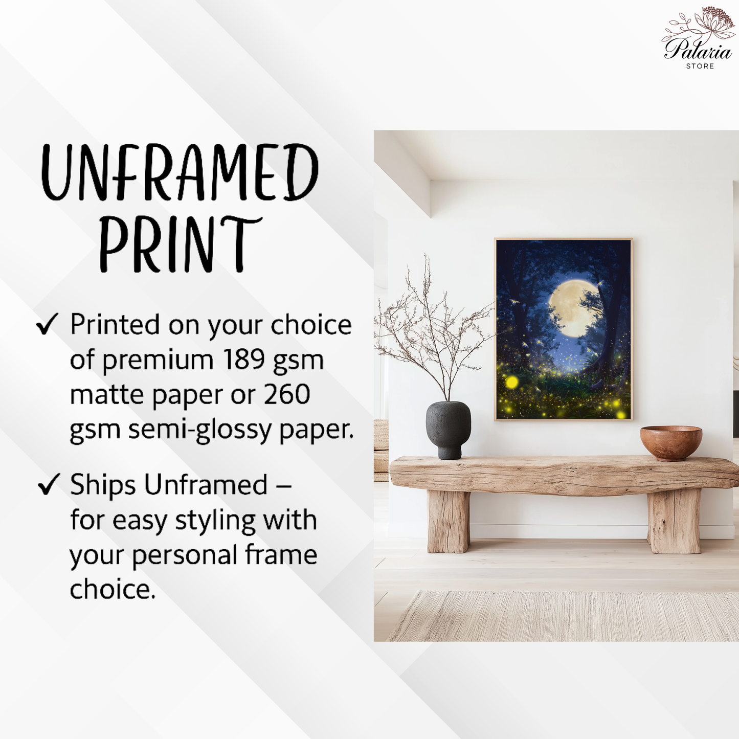 Glowing Fireflies in the Moonlit Forest Poster, Ethereal Moonlight Forest Print, Dreamlike Forest Night Wall Art, Unframed