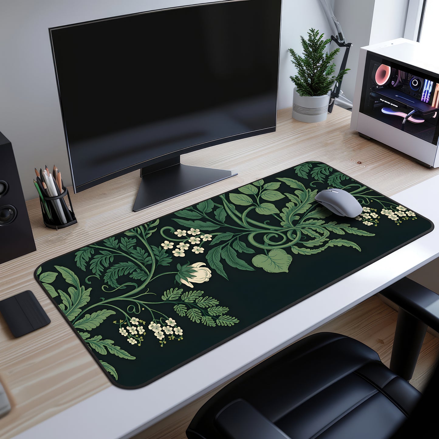 Vintage Botanical Sage Green Plants Desk Mat, Large Extended Gaming Mouse Pad, Home Office Decor