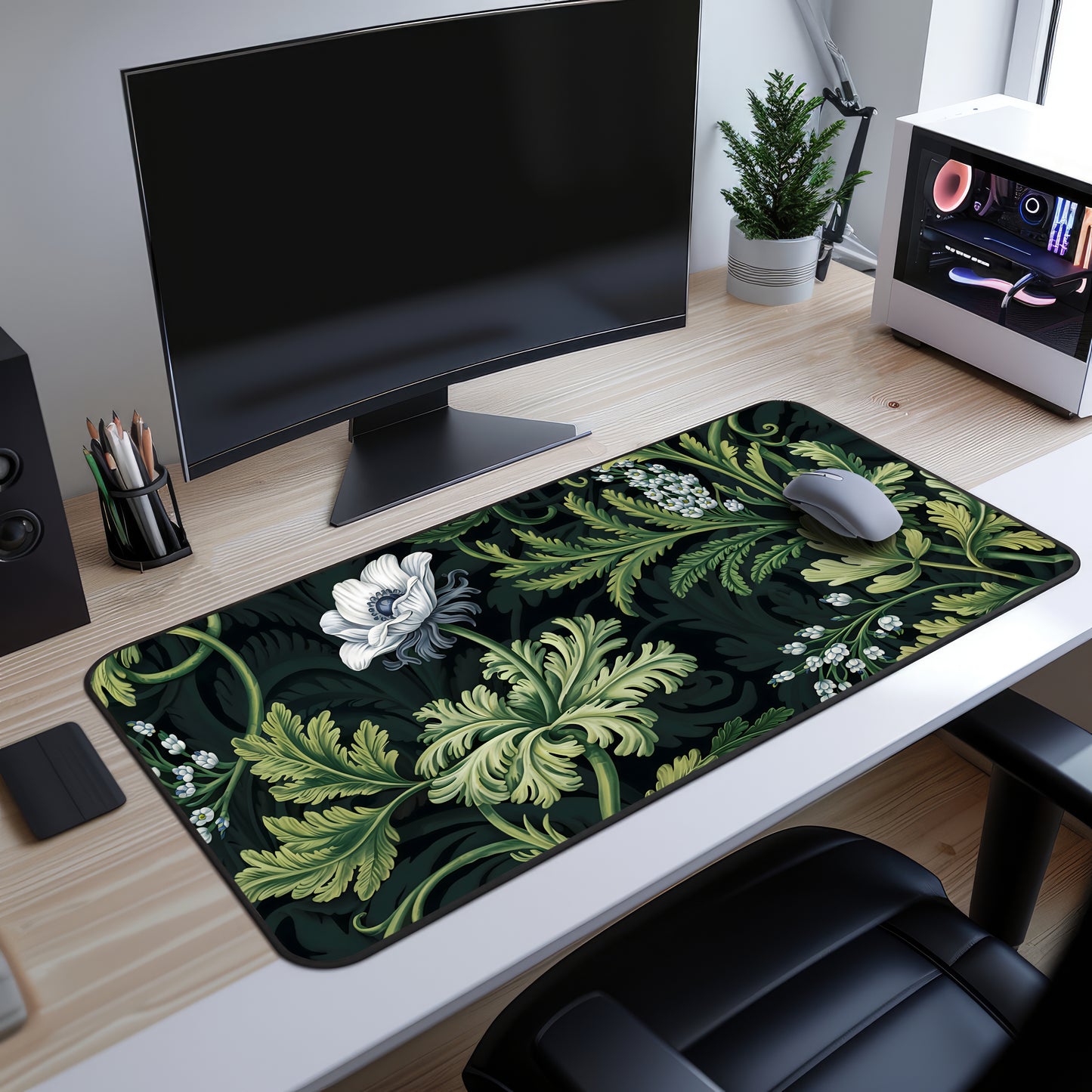 Botanical Desk Mat, Floral Sage Green Foliage, Large Extended Gaming Mouse Pad
