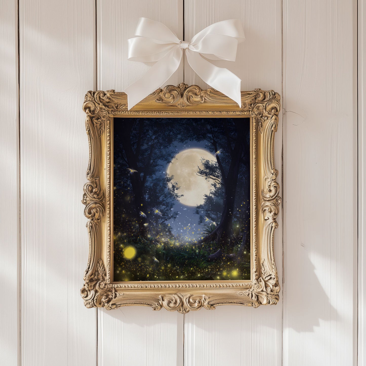 Eerie Haunted Night Forest Poster with Fireflies and Glowing Moon, Mystical Night Sky Poster for Bedroom or Living Room, Unframed Wall Decor