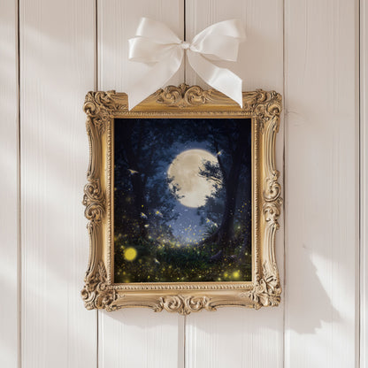 Eerie Haunted Night Forest Poster with Fireflies and Glowing Moon, Mystical Night Sky Poster for Bedroom or Living Room, Unframed Wall Decor