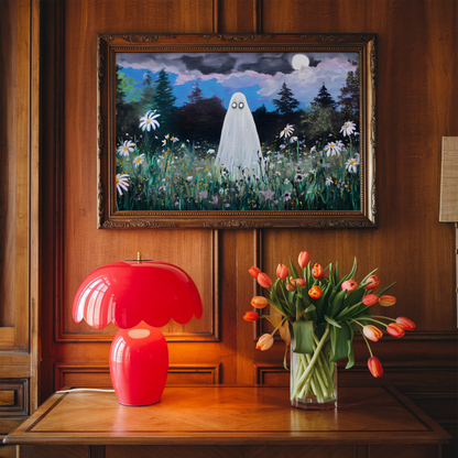 Haunted Ghost in Wildflower Field Poster, Spooky Ghost Poster Wall Art, Surreal Night Sky Print, Eerie Halloween Home Decor