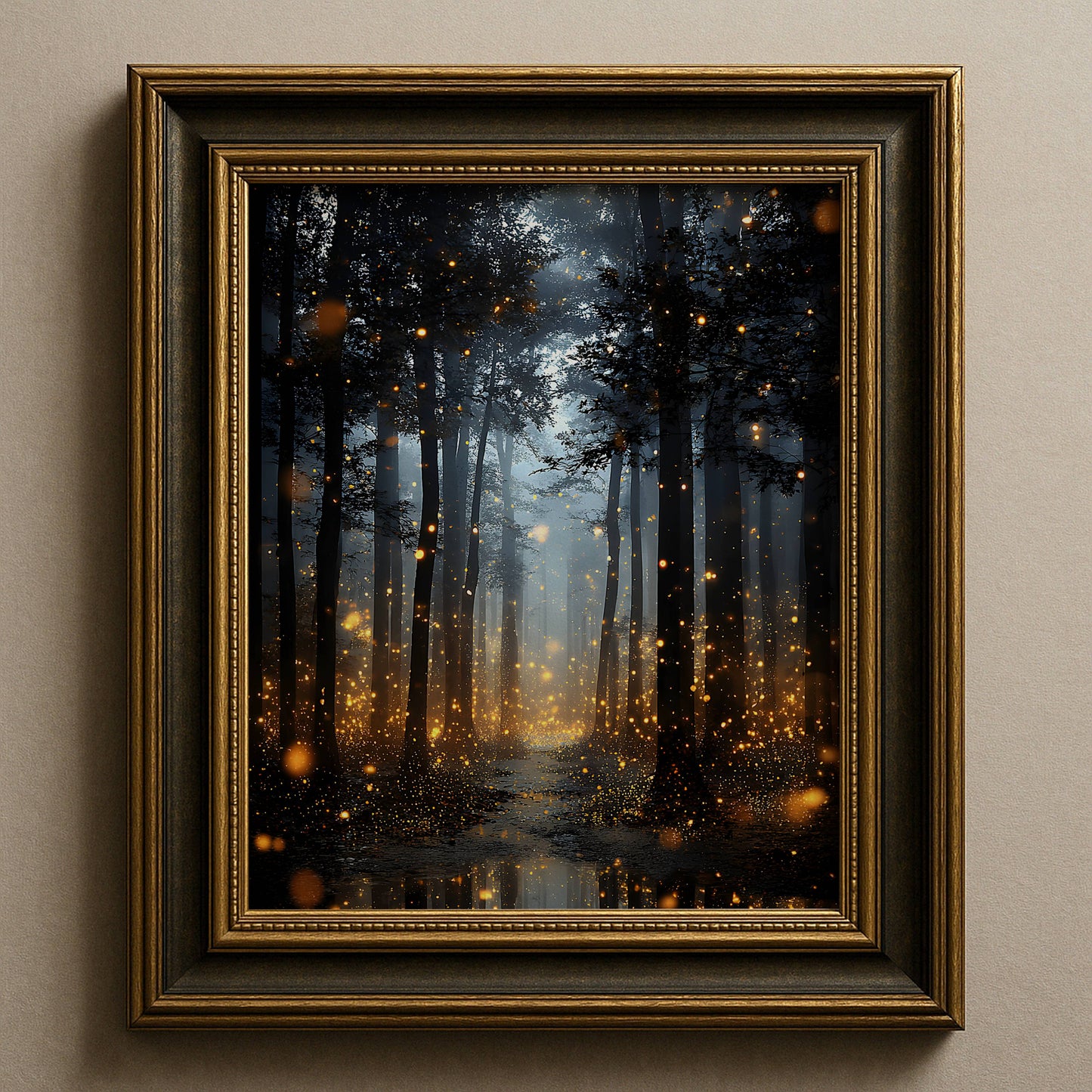 Enchanted Fireflies Forest Fine Art Poster, Magical Golden Glow Woodland Path Print, Mystical Nature Firefly Wall Art, Unframed