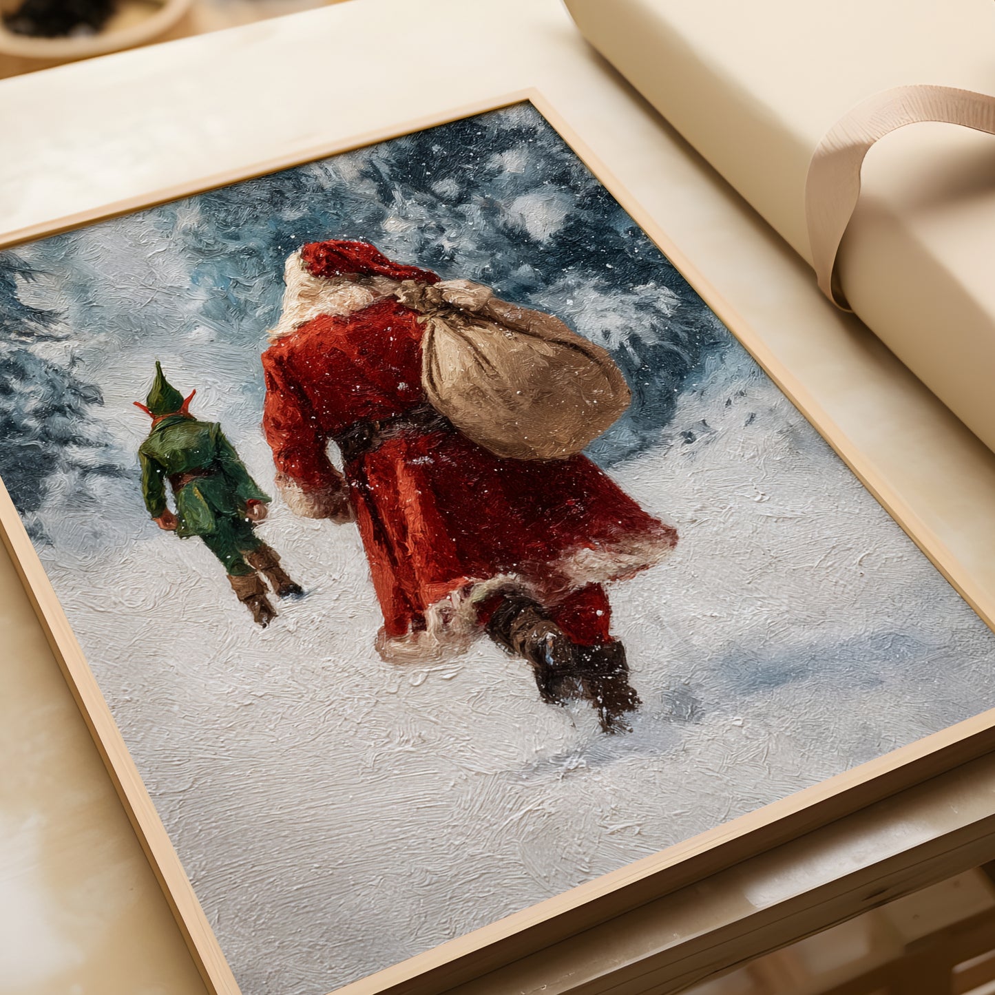 Vintage Santa Claus and Elf Walking Through Winter Forest Poster, Cozy Christmas Holiday Print, Home Decor Wall Art, Unframed