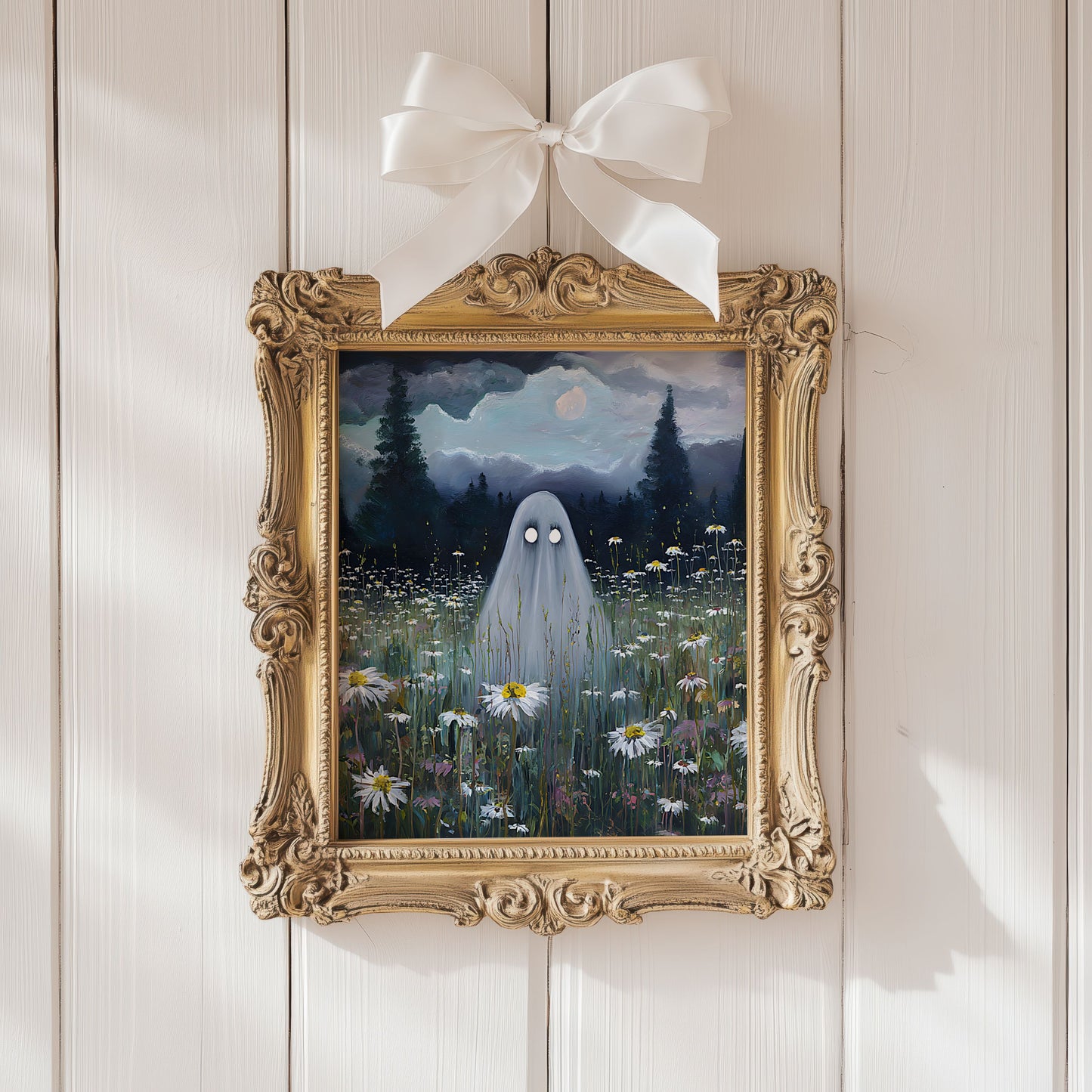 Haunted Ghost in Meadow Poster, Spooky Eerie Ghost Moonlit Wildflower Field Wall Art Print