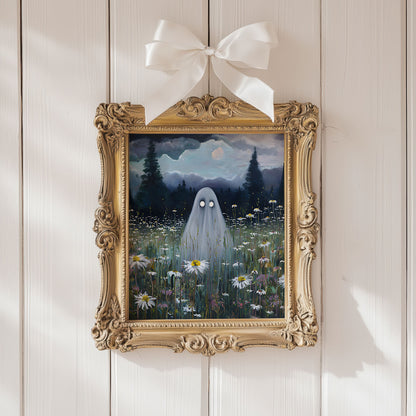 Haunted Ghost in Meadow Poster, Spooky Eerie Ghost Moonlit Wildflower Field Wall Art Print