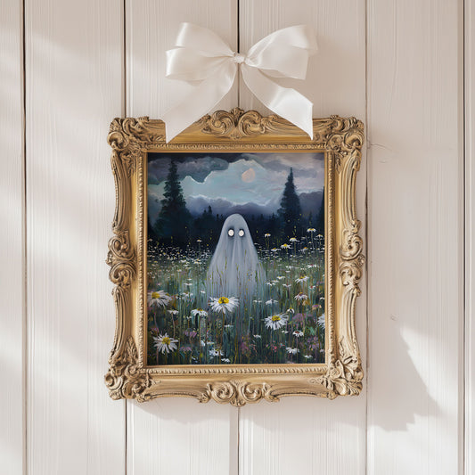 Haunted Ghost in Wildflower Field Poster, Spooky Ghost Print, Ghost in Moonlit Meadow Wall Art
