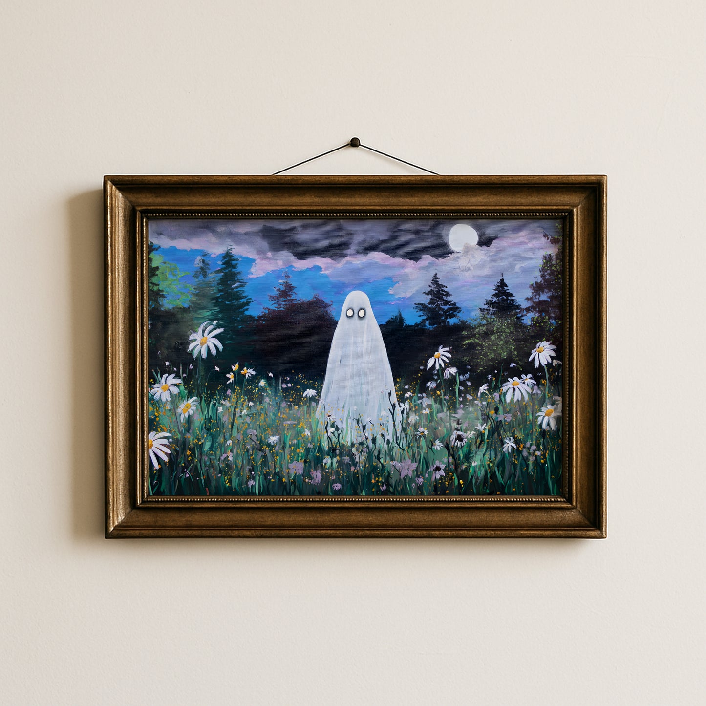 Haunted Ghost in Wildflower Field Poster, Spooky Ghost Poster Wall Art, Surreal Night Sky Print, Eerie Halloween Home Decor