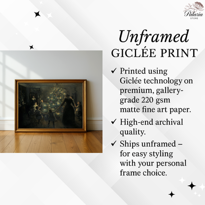 Victorian Christmas Tree Family Gathering Poster, Glowing Christmas Lights Holiday Celebration Print, Cozy Vintage Winter Wall Art, Unframed