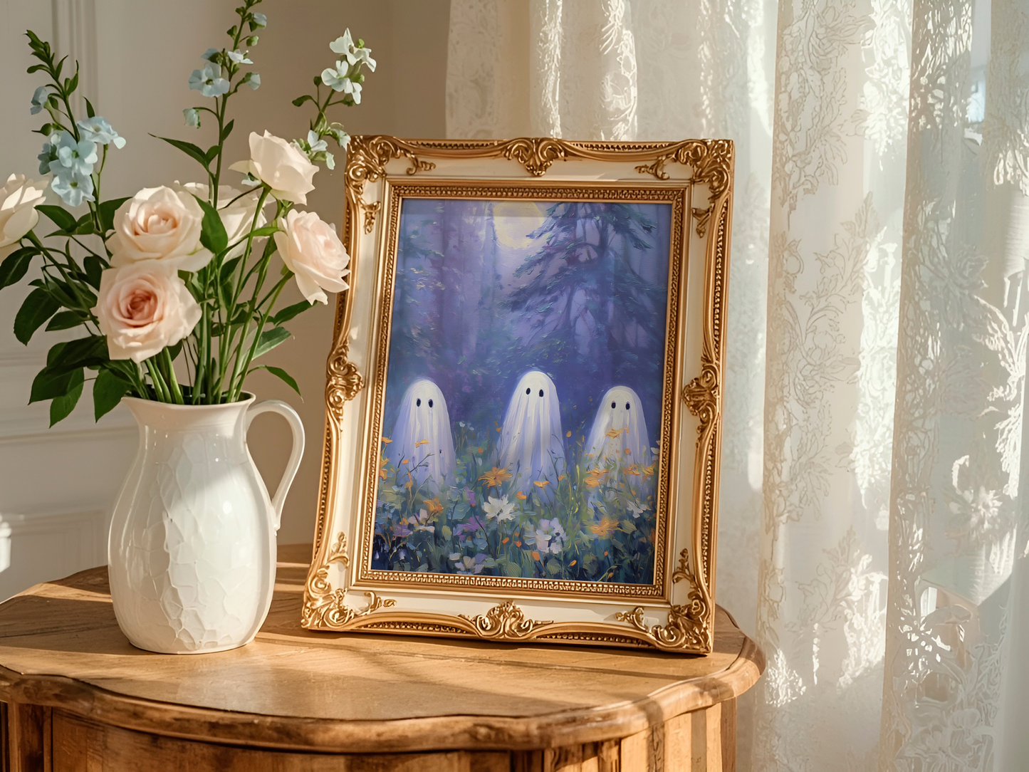 Three Ghosts Under Moonlight in Forest Amongst Wildflowers Poster, Creepy Ghosts Print, Spooky Home Decor Wall Art, Unframed Decor for Home