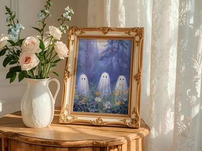 Three Ghosts Under Moonlight in Forest Amongst Wildflowers Poster, Creepy Ghosts Print, Spooky Home Decor Wall Art, Unframed Decor for Home