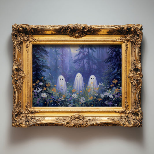 Three Ghosts Under Moonlight in Forest Amongst Wildflowers Poster, Creepy Ghosts Print, Spooky Home Decor Wall Art, Unframed Decor for Home