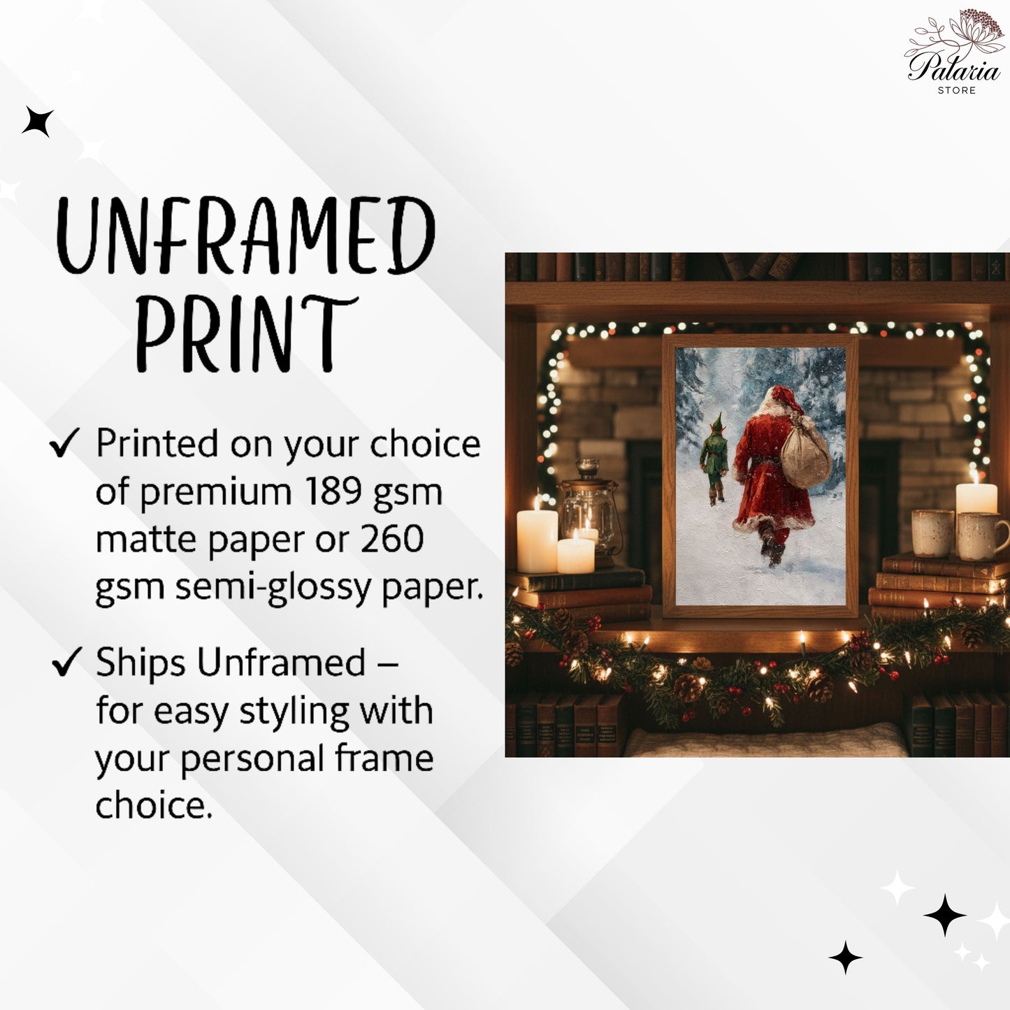 Vintage Santa Claus and Elf Walking Through Winter Forest Poster, Cozy Christmas Holiday Print, Home Decor Wall Art, Unframed