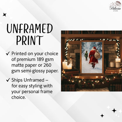 Vintage Santa Claus and Elf Walking Through Winter Forest Poster, Cozy Christmas Holiday Print, Home Decor Wall Art, Unframed