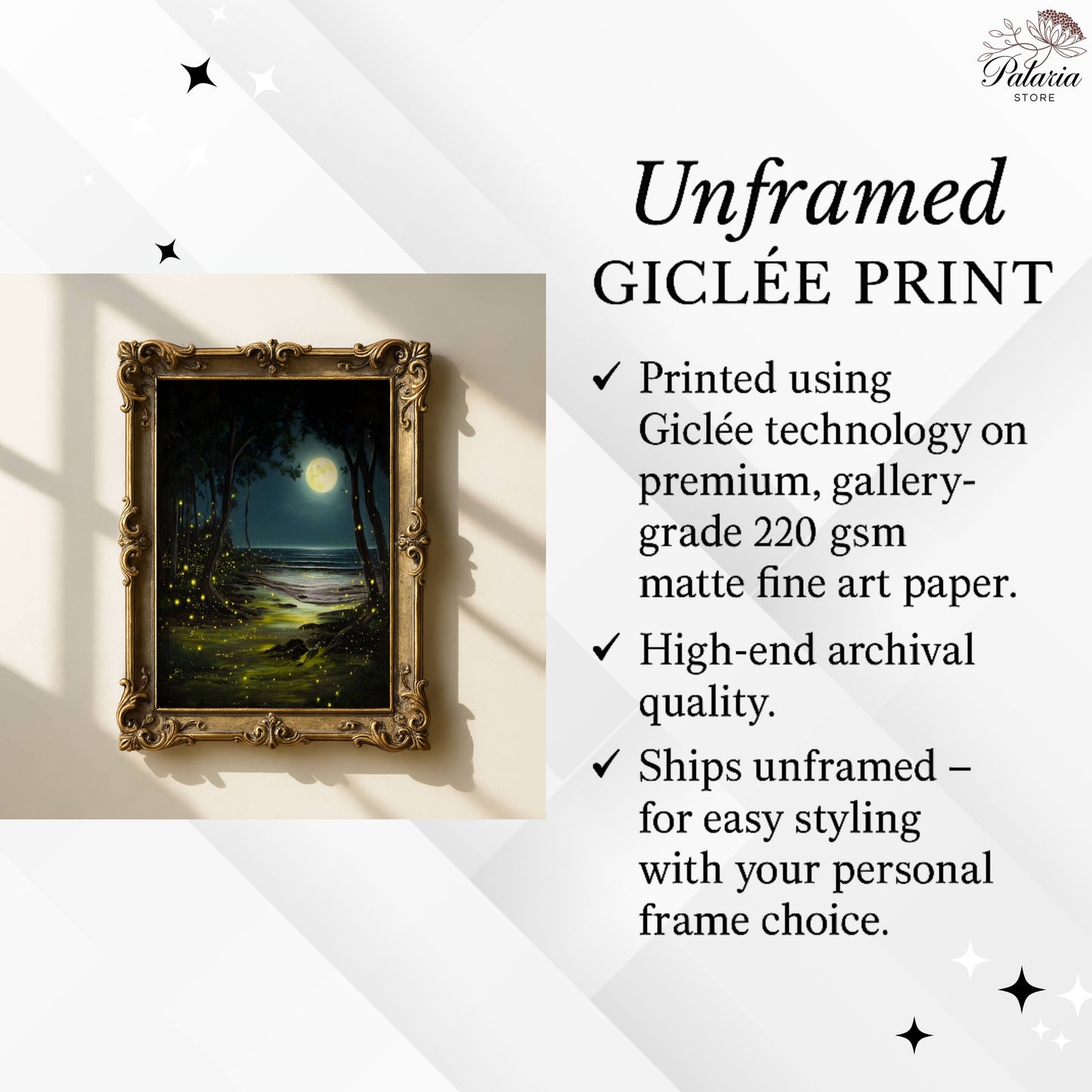 Enchanting Fireflies in a Moonlit Ocean Poster, Whimsical Lightning Bugs Print, Magical Glow Bugs Forest Wall Art, Dreamy Home Decor, Unframed