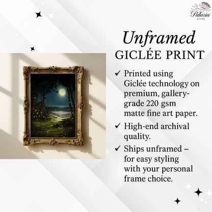 Enchanting Fireflies in a Moonlit Ocean Poster, Whimsical Lightning Bugs Print, Magical Glow Bugs Forest Wall Art, Dreamy Home Decor, Unframed