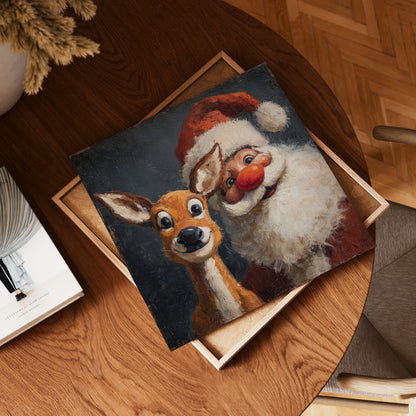 Retro Santa and Reindeer Christmas Poster, Vintage Holiday Print with Cheerful Seasonal Charm, Nostalgic Christmas Wall Art, Unframed
