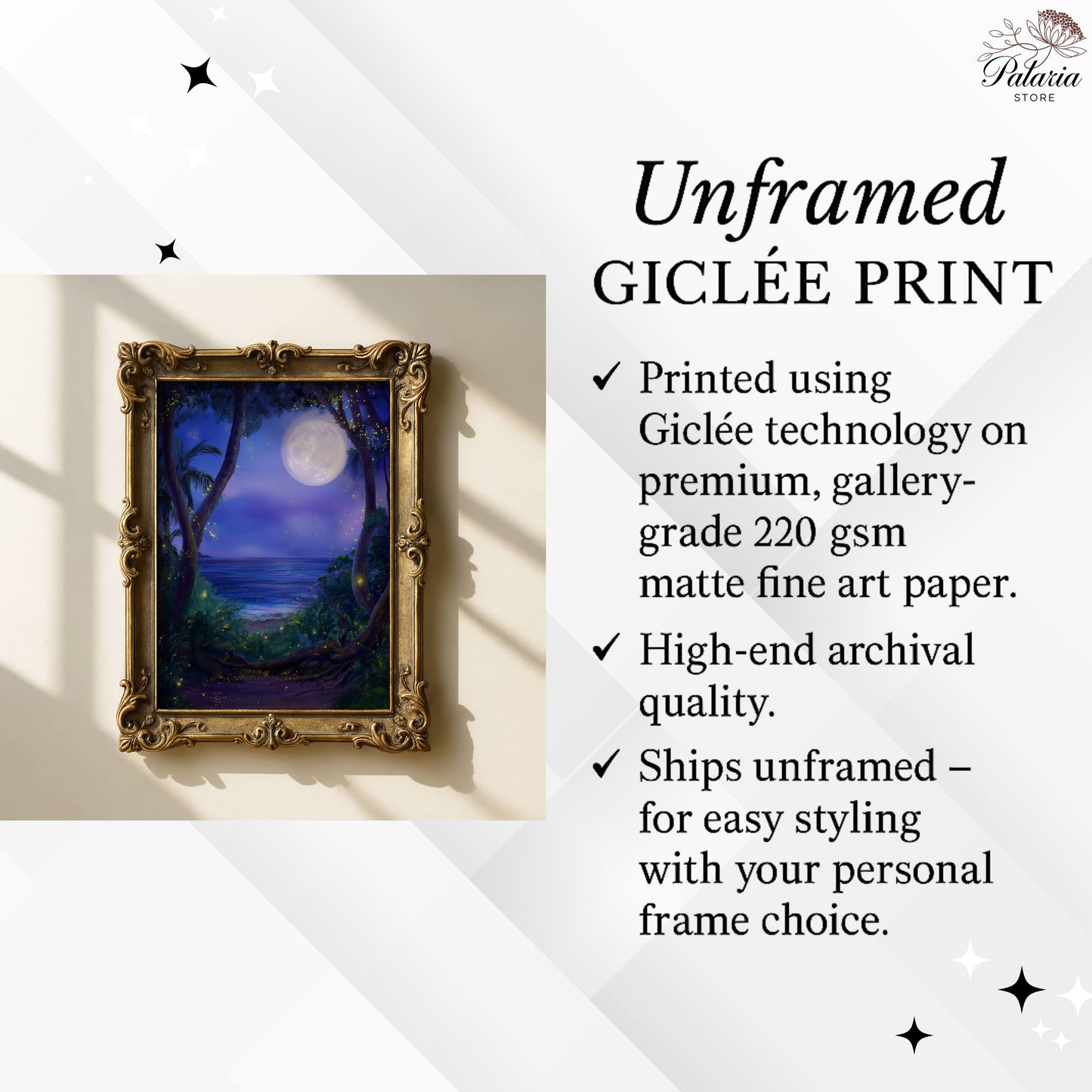 Fireflies and Lightning Bugs in Forest Poster, Dreamy Moonlit Ocean Night Print, Enchanted Nature Wall Art, Unframed