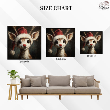 Vintage Rudolph Red Nose Reindeer Wearing Santa Hat Fine Art Poster, Whimsical Christmas Holiday Print, Home Decor Wall Art, Unframed