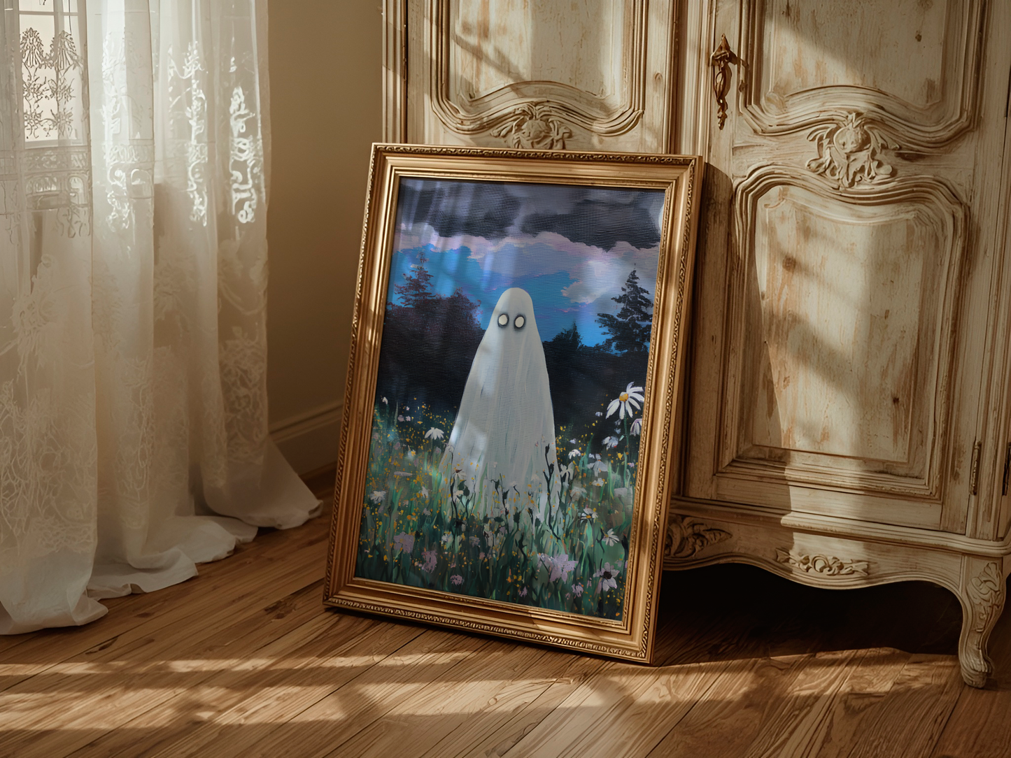 Haunted Ghost in Wildflower Field Poster, Spooky Ghost Poster Wall Art, Surreal Night Sky Print, Eerie Halloween Home Decor