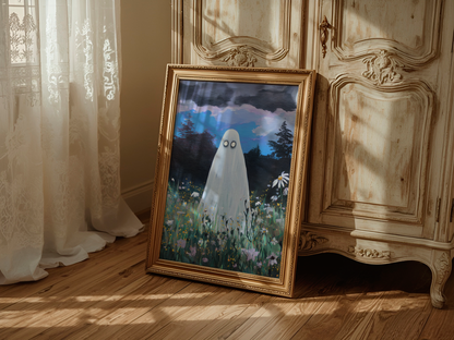 Haunted Ghost in Wildflower Field Poster, Spooky Ghost Poster Wall Art, Surreal Night Sky Print, Eerie Halloween Home Decor