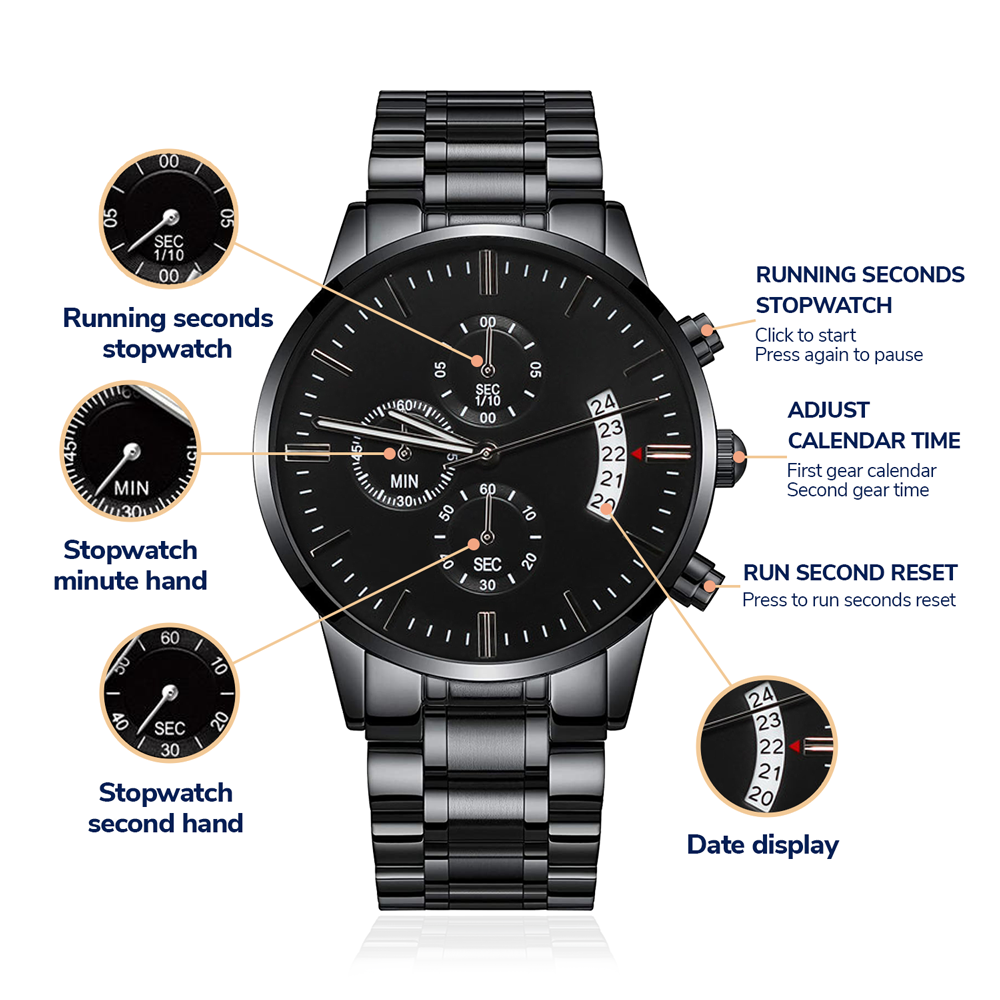 Personalized Engraved Text Black Chronograph Watch for Men, Custom Stainless Steel Watch, Custom Text Watch, Gift for Him