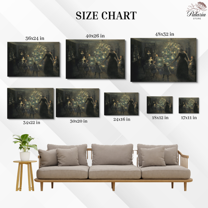 Victorian Christmas Tree Family Gathering Poster, Glowing Christmas Lights Holiday Celebration Print, Cozy Vintage Winter Wall Art, Unframed