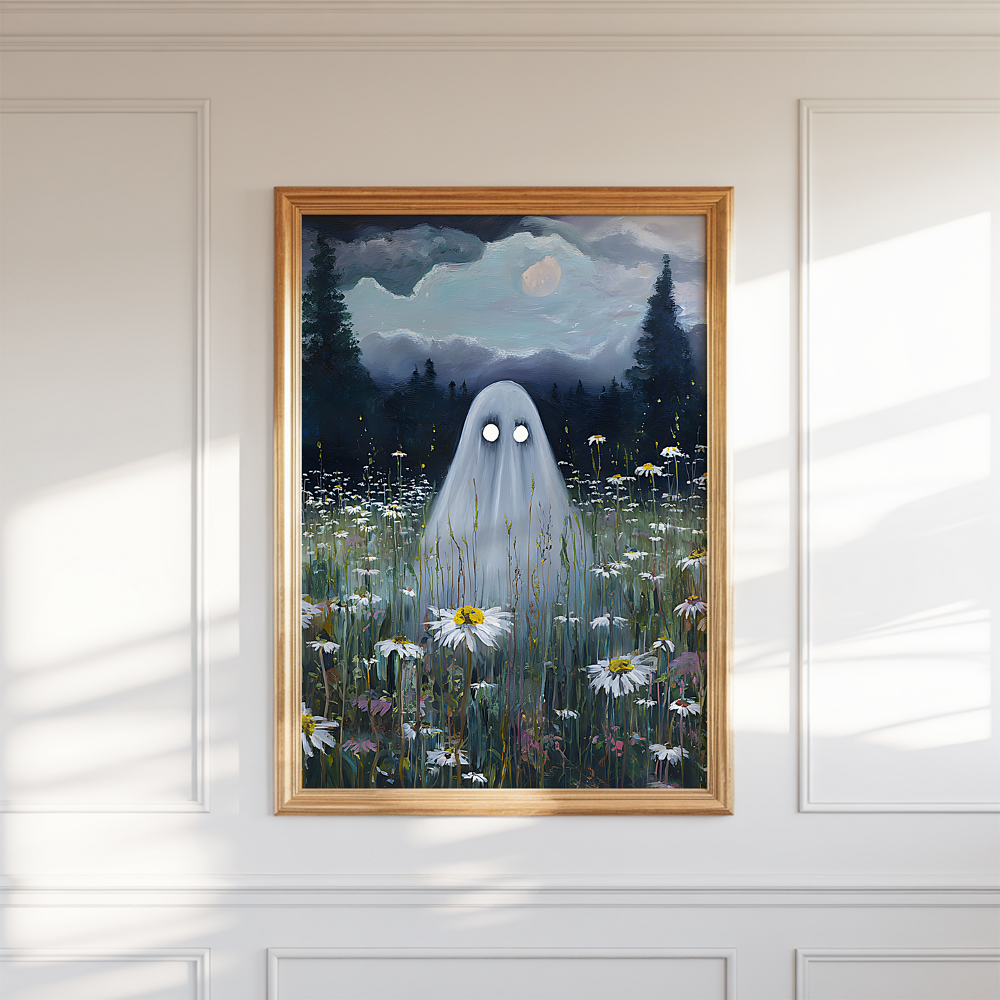 Haunted Ghost in Meadow Poster, Spooky Eerie Ghost Moonlit Wildflower Field Wall Art Print