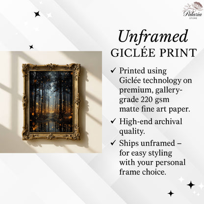 Enchanted Fireflies Forest Fine Art Poster, Magical Golden Glow Woodland Path Print, Mystical Nature Firefly Wall Art, Unframed