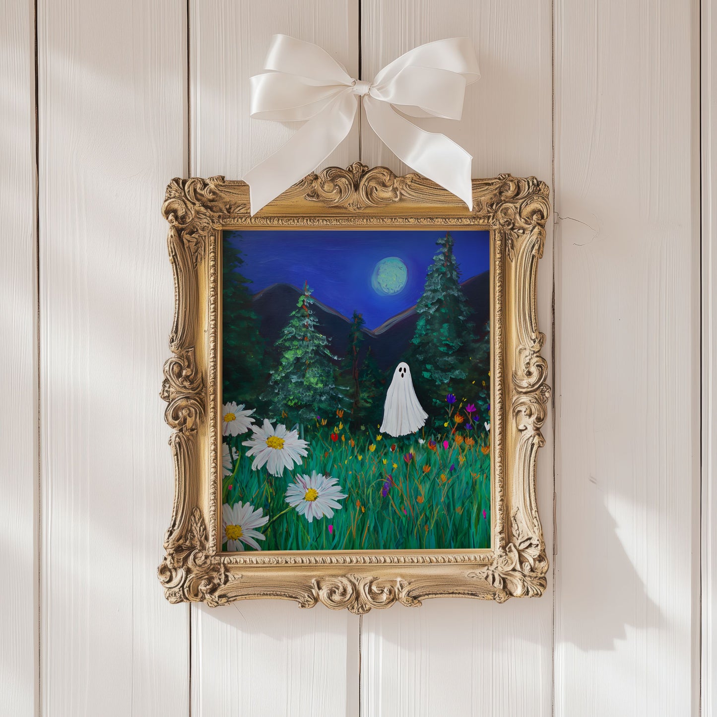 Haunted Ghost in Moonlit Forest Poster, Spooky Halloween Wall Art Print, Whimsical Ghost Painting with Wildflowers, Unframed