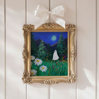 Haunted Ghost in Moonlit Forest Poster, Spooky Halloween Wall Art Print, Whimsical Ghost Painting with Wildflowers, Unframed