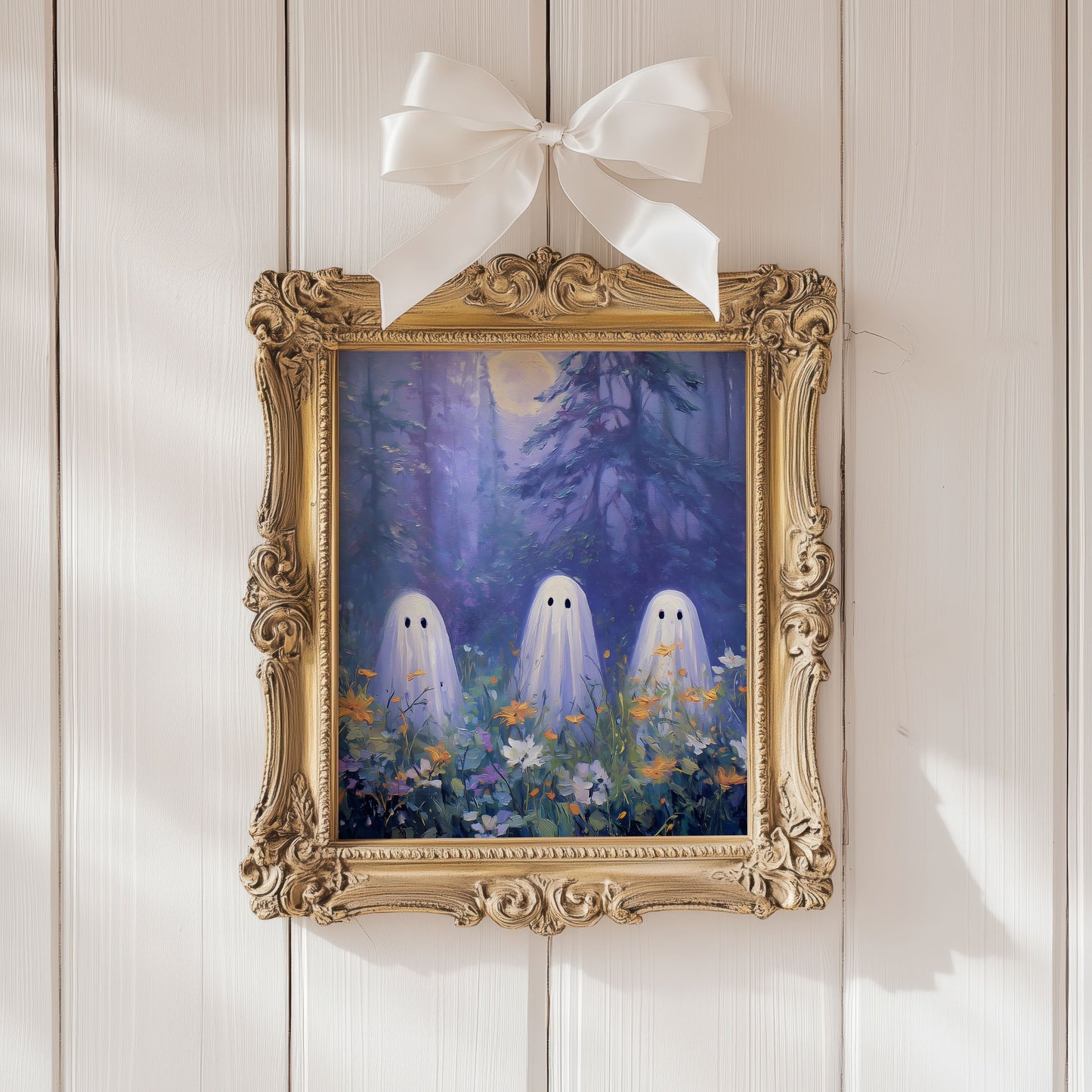 Three Ghosts Under Moonlight in Forest Amongst Wildflowers Poster, Creepy Ghosts Print, Spooky Home Decor Wall Art, Unframed Decor for Home