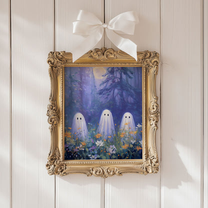 Three Ghosts Under Moonlight in Forest Amongst Wildflowers Poster, Creepy Ghosts Print, Spooky Home Decor Wall Art, Unframed Decor for Home