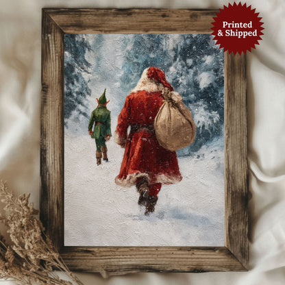 Vintage Santa Claus and Elf Walking Through Winter Forest Poster, Cozy Christmas Holiday Print, Home Decor Wall Art, Unframed