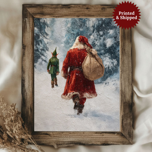 Vintage Santa Claus and Elf Walking Through Winter Forest Poster, Cozy Christmas Holiday Print, Home Decor Wall Art, Unframed