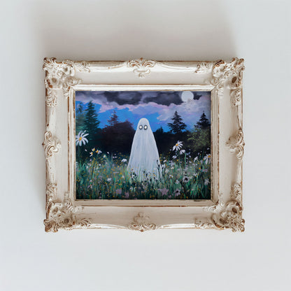 Haunted Ghost in Wildflower Field Poster, Spooky Ghost Poster Wall Art, Surreal Night Sky Print, Eerie Halloween Home Decor