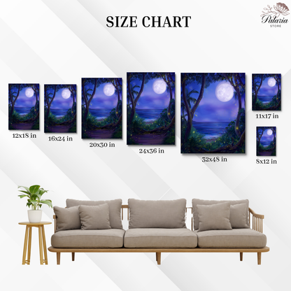 Fireflies and Lightning Bugs in Forest Poster, Dreamy Moonlit Ocean Night Print, Enchanted Nature Wall Art, Unframed