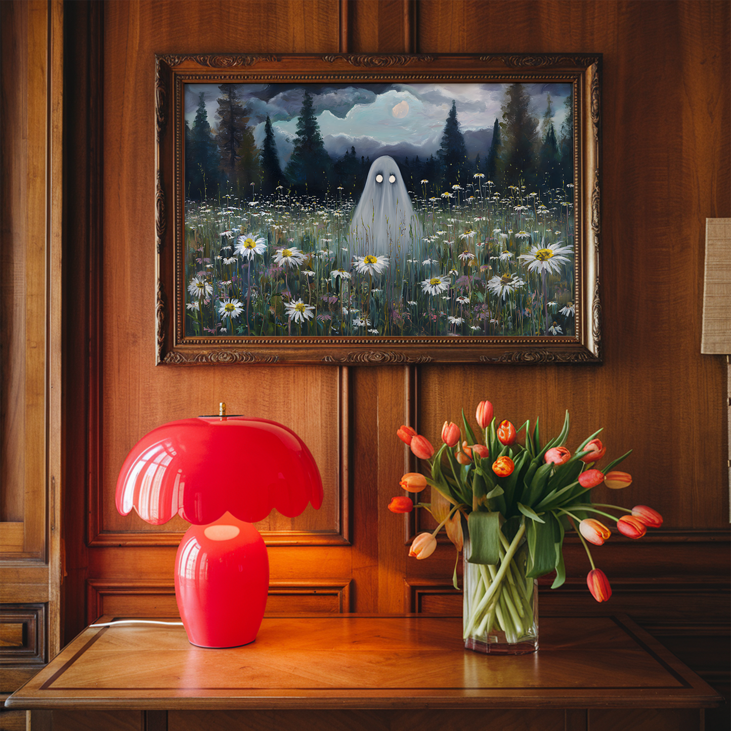 Haunted Ghost in Meadow Poster, Spooky Eerie Ghost Moonlit Wildflower Field Wall Art Print