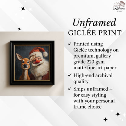 Retro Santa and Reindeer Christmas Poster, Vintage Holiday Print with Cheerful Seasonal Charm, Nostalgic Christmas Wall Art, Unframed