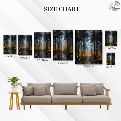 Enchanted Fireflies Forest Fine Art Poster, Magical Golden Glow Woodland Path Print, Mystical Nature Firefly Wall Art, Unframed