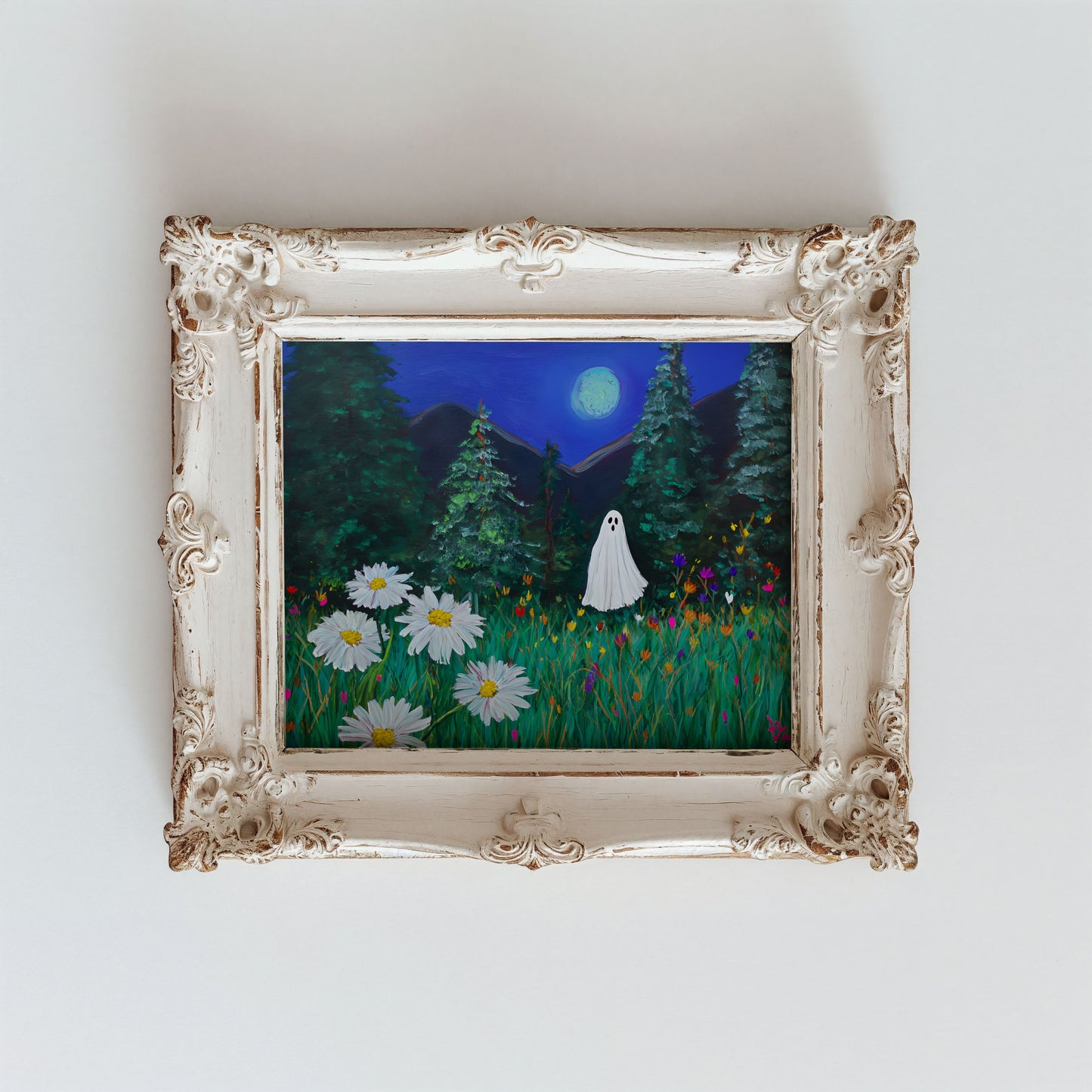 Haunted Ghost in Moonlit Forest Poster, Spooky Halloween Wall Art Print, Whimsical Ghost Painting with Wildflowers, Unframed