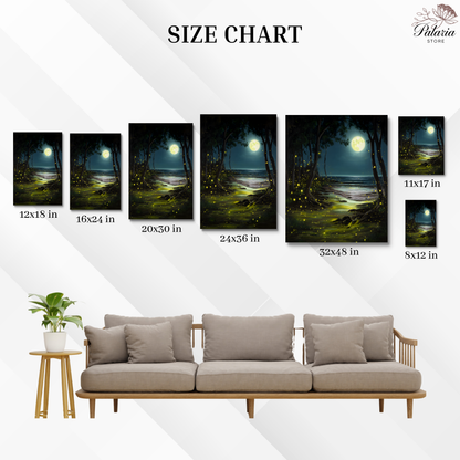 Enchanting Fireflies in a Moonlit Ocean Poster, Whimsical Lightning Bugs Print, Magical Glow Bugs Forest Wall Art, Dreamy Home Decor, Unframed