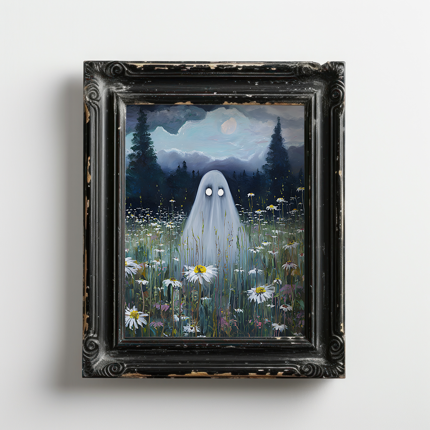Haunted Ghost in Meadow Poster, Spooky Eerie Ghost Moonlit Wildflower Field Wall Art Print