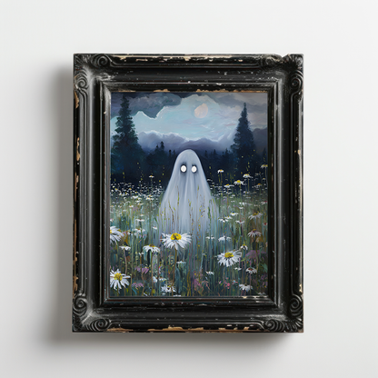 Haunted Ghost in Meadow Poster, Spooky Eerie Ghost Moonlit Wildflower Field Wall Art Print