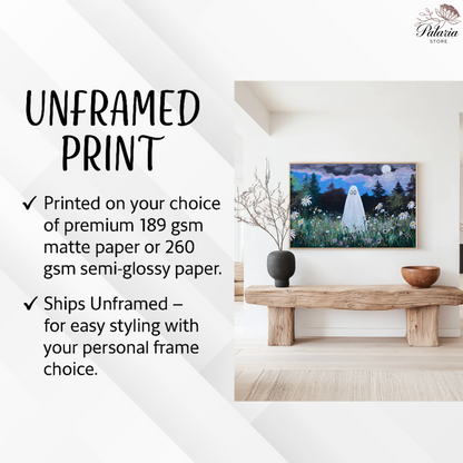 Haunted Ghost in Wildflower Field Poster, Spooky Ghost Poster Wall Art, Surreal Night Sky Print, Eerie Halloween Home Decor