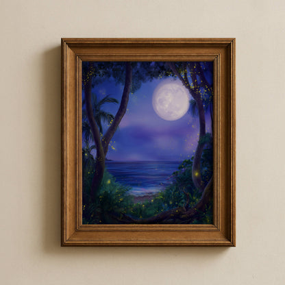 Fireflies and Lightning Bugs in Forest Poster, Dreamy Moonlit Ocean Night Print, Enchanted Nature Wall Art, Unframed