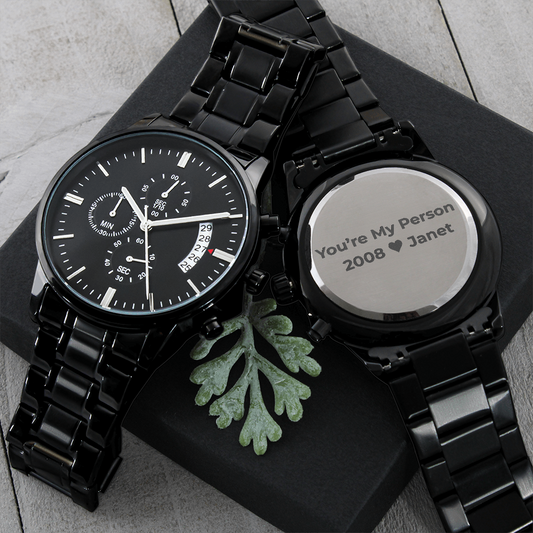 Mens Engraved Black Chronograph Watch Stainless Steel Waterproof Customized Personalized Watches for Boyfriend My Man Fiancé Husband Birthday Anniversary Personalized Watch